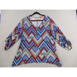 Cato Womens Chevron Print Top With Roll-Tab Sleeves XL Multicolor Polyester Blen